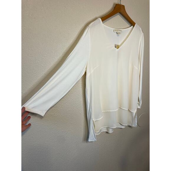 NWT Michael Kors Glam Minimalist Ivory Flowy Long Sleeve V Neck Blouse Large - Picture 8 of 12